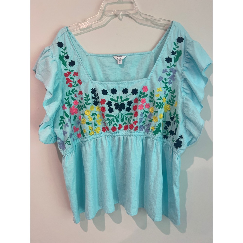 Crown & Ivy Womens 4X Aqua Blue Linen Blend Floral Embroidered Ruffle Peplum Top